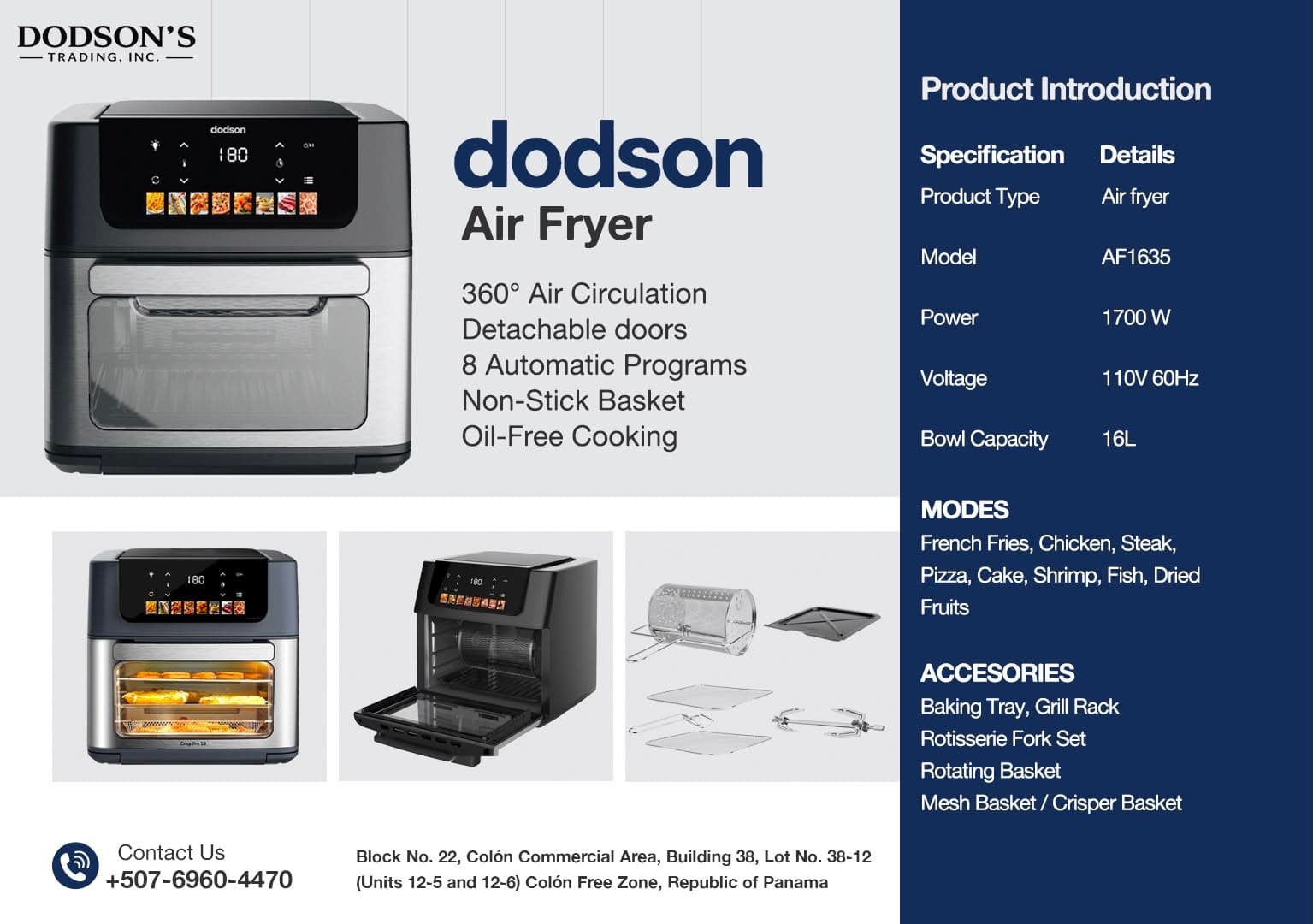 Dodson Air Fryer AF1635 product sheet showing the 16L oven-style air fryer with touch panel and specifications
