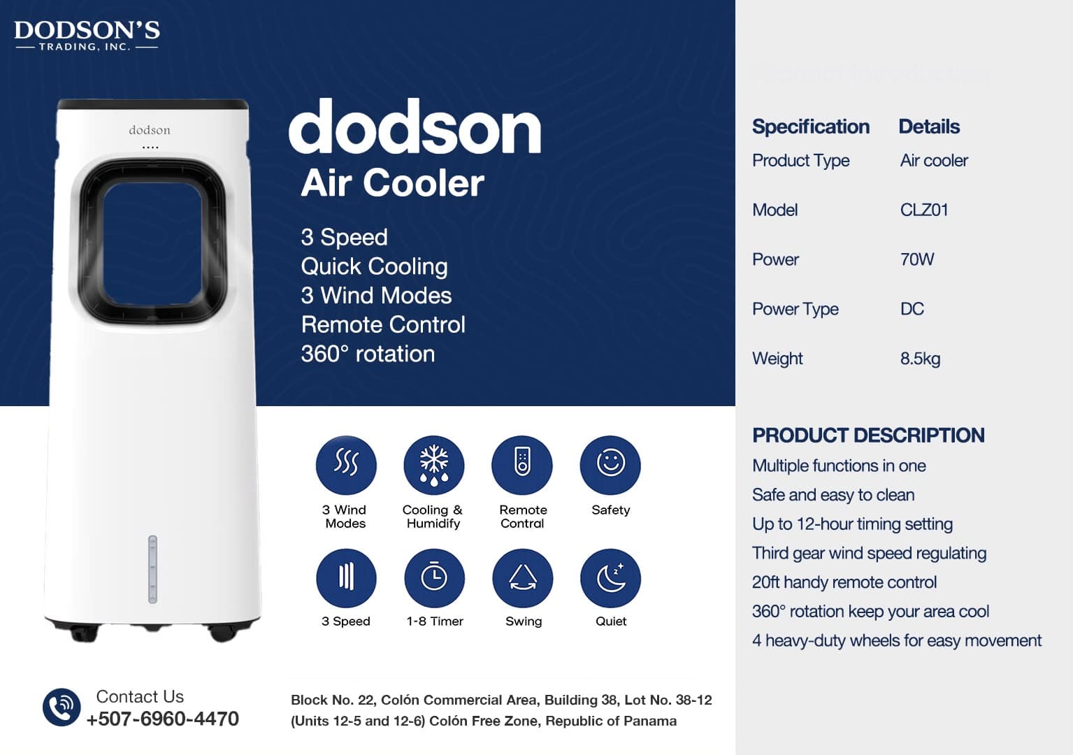 Dodson Air Cooler CLZ01 in white, product sheet with feature icons and specifications