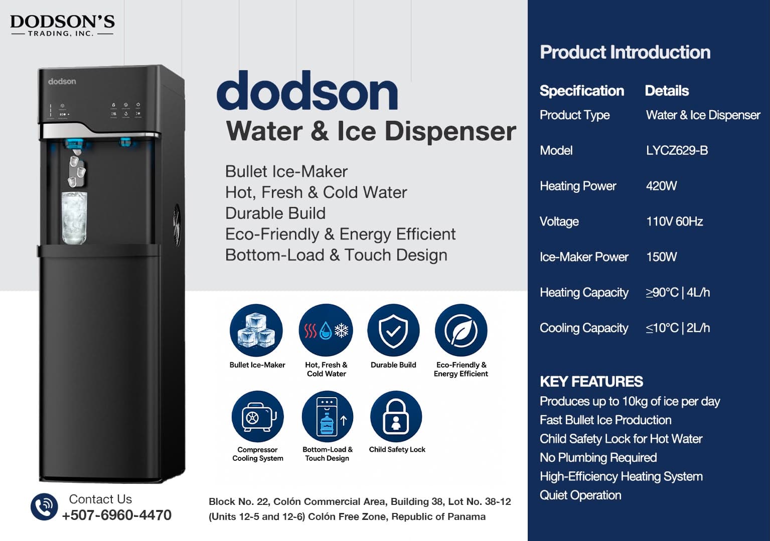 Dodson Water & Ice Dispenser LYCZ629-B in black with ice being dispensed, product sheet with specifications