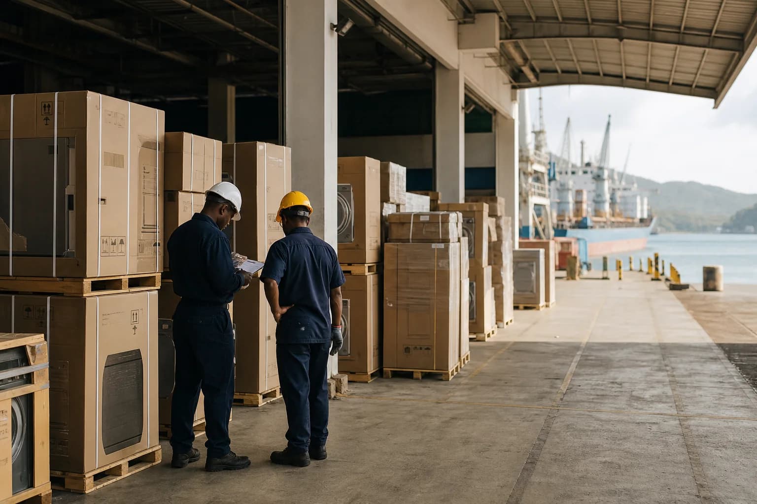 Appliance shipments being checked at a port warehouse